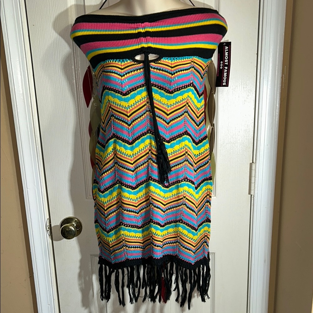 Almost Famous Multicolor Fringe Crochet Strapless Knit Dress